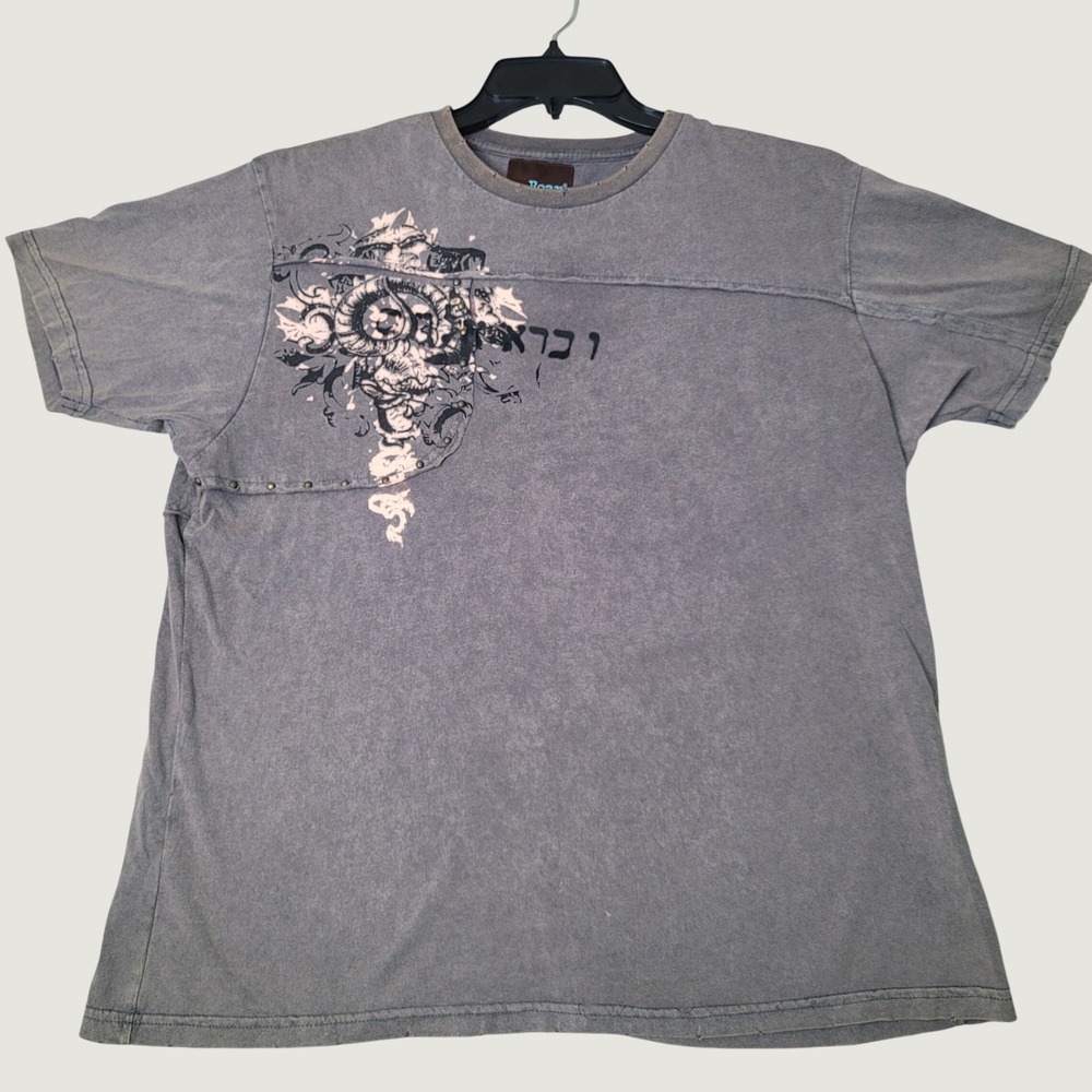 Roar Mens XL Gray Graphic T-Shirt Acid Wash Distressed Studded Crew Neck Y2K